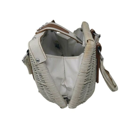 Vintage White & Tan Weaved Wicker Basket Purse | Silver Turn Lock | Le Jule - Picture 3 of 5